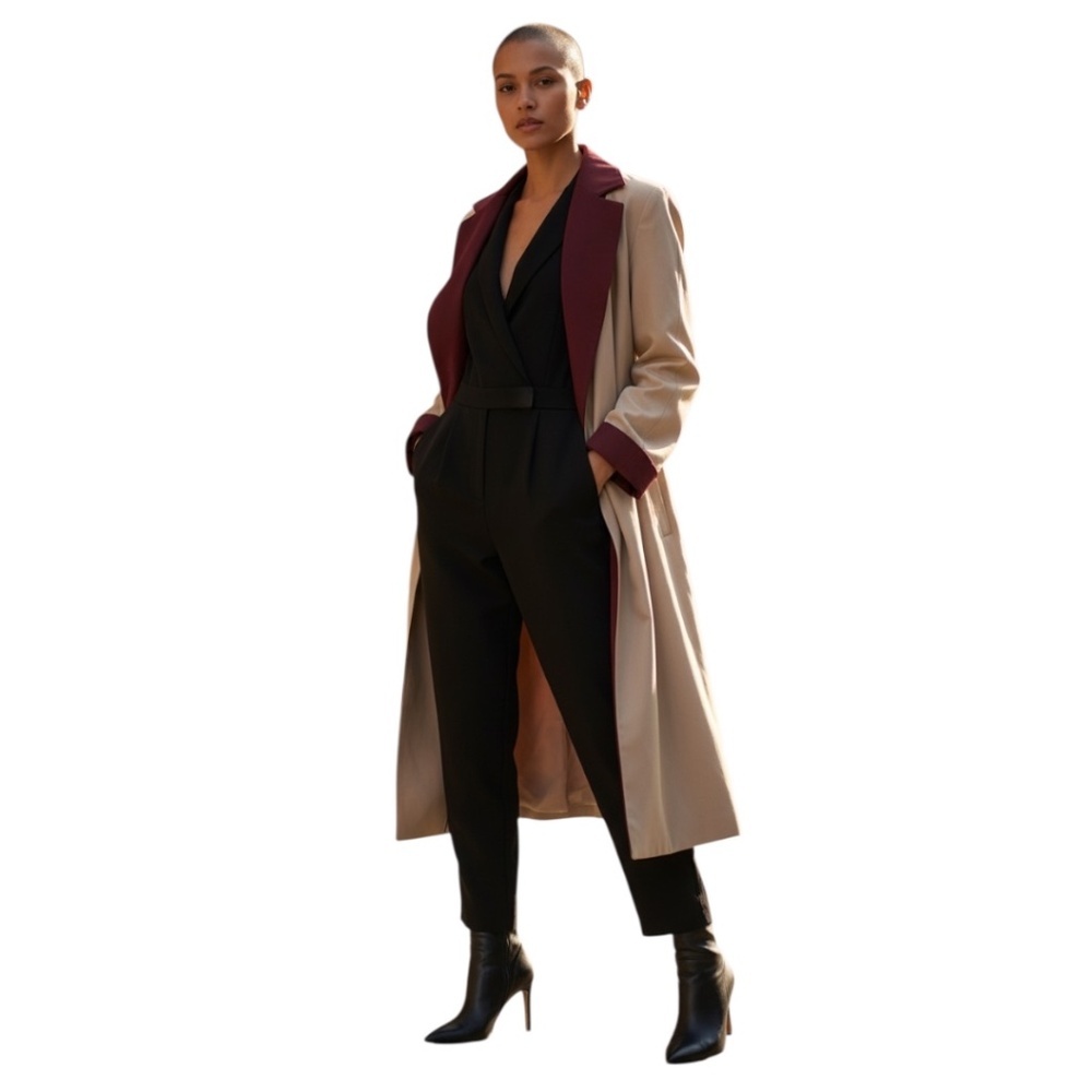 Vintage Etienne Aigner Two-Tone Beige & Burgundy Women's Trench Coat, Size 12